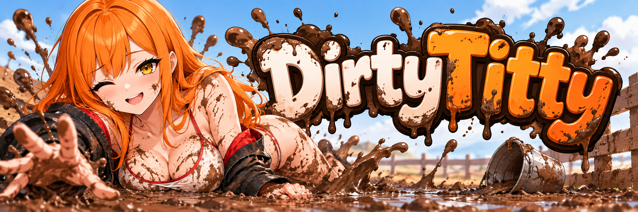 DirtyTitty banner: the orange-haired mascot sprawled in a mud pit, winking and reaching toward the viewer, beside the mud-splashed DirtyTitty logo.